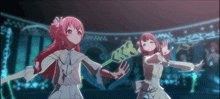 two anime girls in white dresses are dancing in a dark room .