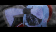 a girl with blue hair is wearing a bandana