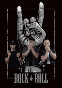 three men are clapping in front of a sign that says rock and roll