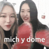 a couple of women standing next to each other with boxing gloves and the words mich y dome written on the bottom .