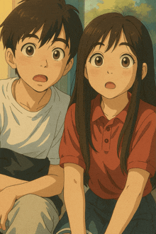 a boy and a girl are sitting next to each other with their eyes wide open