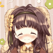 a cartoon girl with a flower in her hair is smiling with her eyes closed