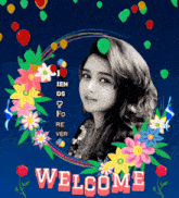 a woman is surrounded by flowers and balloons and says welcome