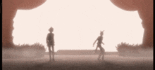a silhouette of two people standing next to each other in front of a curtain .