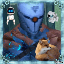 a picture of a robot and a fox with the word picmix in the corner