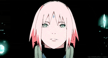 a drawing of a girl with pink hair and a blue stone on her forehead