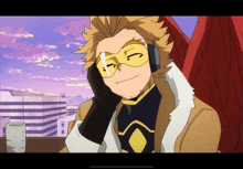 hawks from my hero academia is wearing headphones and glasses