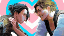 two men are looking at each other in front of a heart