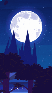 a cartoon illustration of a man sitting in a tent in front of a full moon