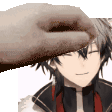 a hand is touching a boy 's forehead in a pixel art style .