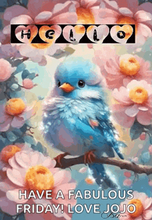 a blue bird is perched on a branch of a tree with flowers .