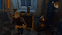 a video game screen shows a man looking at a table with a cup on it