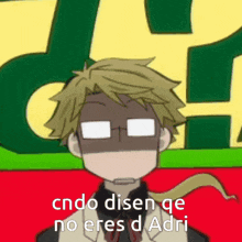 a cartoon character with glasses is making a funny face while standing in front of a sign .