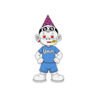 a cartoon monkey wearing a party hat and sunglasses has the word umm on his shirt