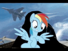 a cartoon pony with wings is standing in front of a fighter jet