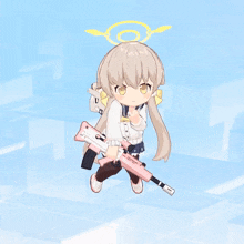 a girl with a backpack is holding a gun in her hand