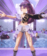 a girl with purple hair is dancing in front of a swimming pool