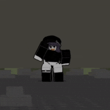 a cartoon character in a black and white outfit is dancing in the dark .