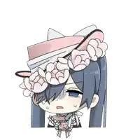 a cartoon drawing of a girl wearing a pink hat with flowers on it