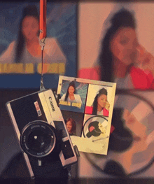 a canon camera hangs from a lanyard next to a collage of pictures