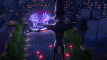 a cartoon character has his arms outstretched in front of a dark sky