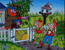 a cartoon shows a man pointing at a birdhouse while two children look on