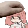 a cartoon girl with pink hair is being petting by a dog .