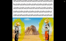 a screenshot of dragon ball z shows two characters standing next to each other with a mountain in the background
