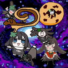 a cartoon drawing of a squirrel a cookie and a girl with a flower in her hair