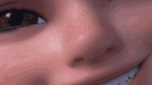 a close up of a woman 's face with a smile on it