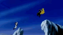 a cartoon character is flying through the air with a blue sky in the background