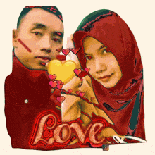 a man and a woman are holding a heart and the word love is on the bottom