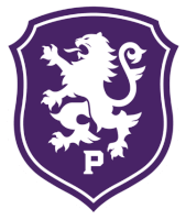 a purple shield with a white lion and the letter p on the bottom