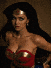 a woman in a wonder woman costume is standing in front of a wall and smiling at the camera .