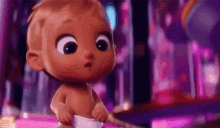 a baby in a diaper is standing in front of a pink background .