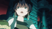 a cartoon girl with a surprised look on her face is wearing hoop earrings