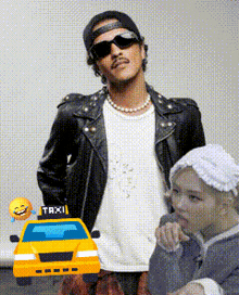 a man in a leather jacket stands next to a yellow taxi