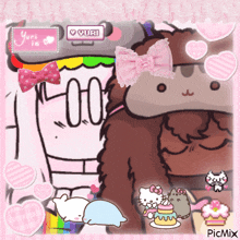 a picture of pusheen and hello kitty on a pink background with a pink bow