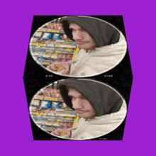 a man in a hooded jacket is standing in front of a grocery store shelf