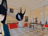 a cartoon character with horns is standing in a room