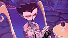 a cartoon character is reading a book next to a glass of red wine