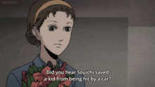 a girl is holding a bouquet of flowers and talking about souichi