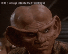 a close up of a monster with rule 0 always listen to the grand nagus