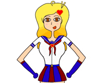 a cartoon drawing of a girl in a school uniform with a heart in her hair .