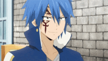 a cartoon character with blue hair and a tattoo on his face