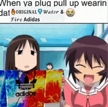 two anime girls are standing next to each other and one of them is wearing a pair of adidas shoes