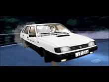 a white car is flying through the air on a bridge in a video game .