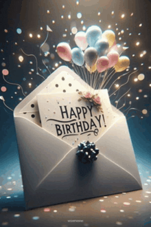 an envelope with balloons and a card that says happy birthday on it