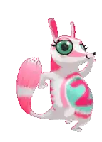 a pink and white animal with green eyes is standing on its hind legs .