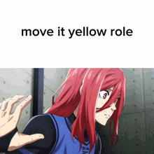 a picture of a girl with red hair and the words move it yellow role above her